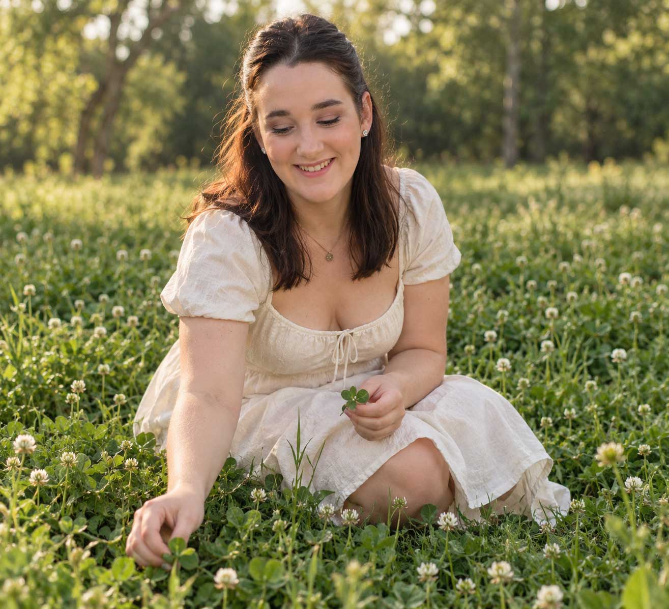 Matisse smiling in a clover field, holding a four-leaf clover she found