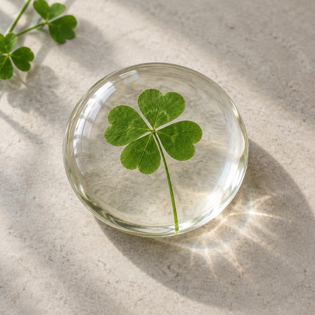 Paperweights with a four-leaf clover preserved in clear resin